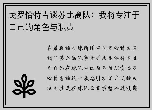 戈罗恰特吉谈苏比离队：我将专注于自己的角色与职责