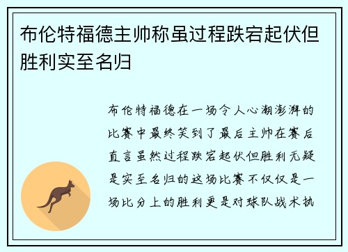 布伦特福德主帅称虽过程跌宕起伏但胜利实至名归